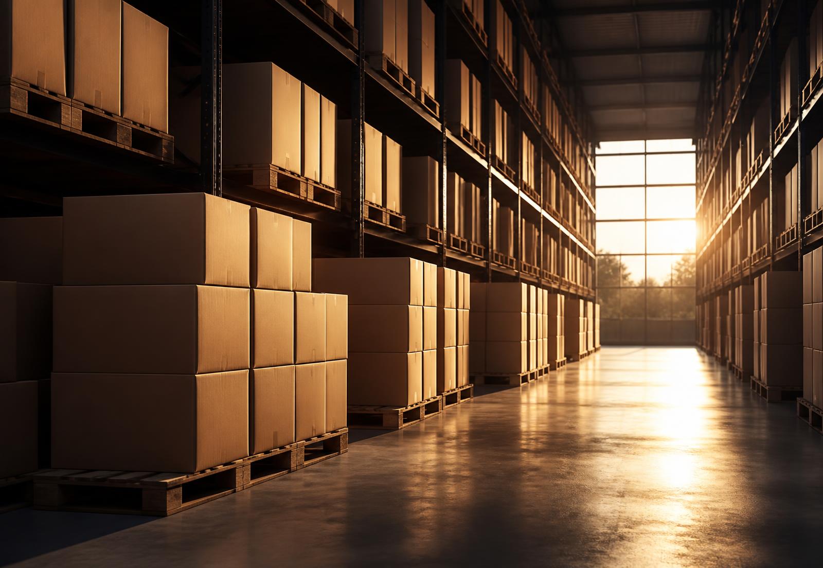 Pallets of packaged inventory in a fulfillment warehouse at golden hour